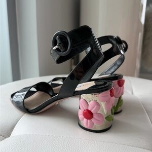 Prada Black Patent Leather Sandals with Floral Heel Size 37